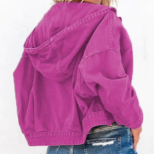 Fuchsia denim utility hoodie with drawstring hood and buttoned cuffs.