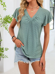 Dark green flutter sleeve ruched t-shirt with eyelet detail and V-neck