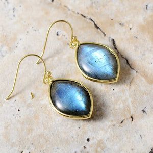 Cosmic Quartz Droplet Earrings with blue iridescent stones and gold setting.