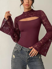 Intricate Lace Cut-out Bodysuit With Flare Sleeves