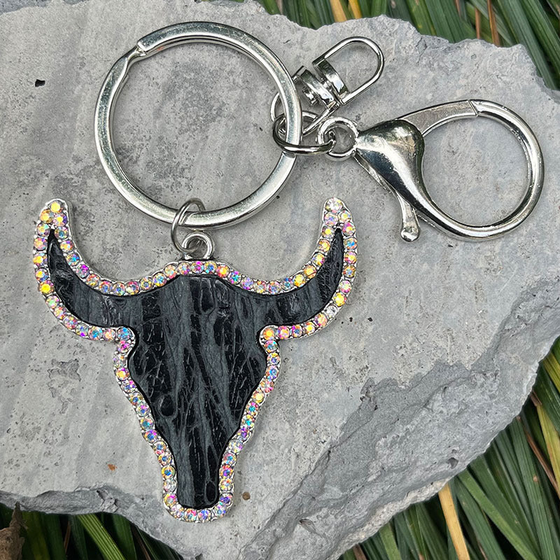 Textured bull head keyring with crystals and silver hardware.