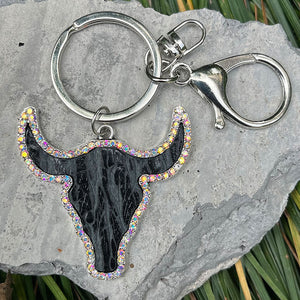Textured bull head keyring with crystals and silver hardware.