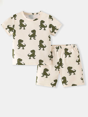Toddler cream dinosaur print t-shirt and shorts set with crew neck and elastic waist.