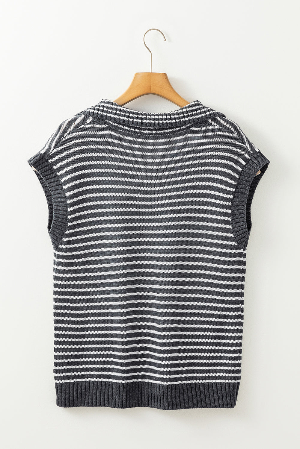 Gray striped polo-neck knit vest with ribbed collar and hem