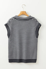 Gray striped polo-neck knit vest with ribbed collar and hem