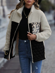 Teddy & Quilted Panel Zip Jacket in cream, black, and leopard print with a stand-up collar.