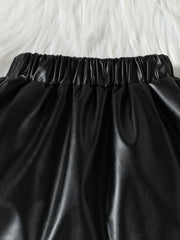 Black faux leather toddler shorts with elastic waistband detail