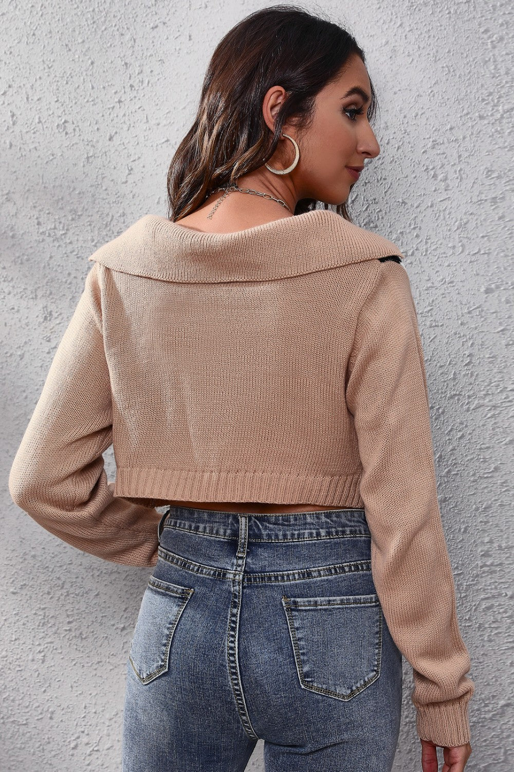 Argyle collar crop knit sweater in taupe acrylic with a wide collar and ribbed cuffs.