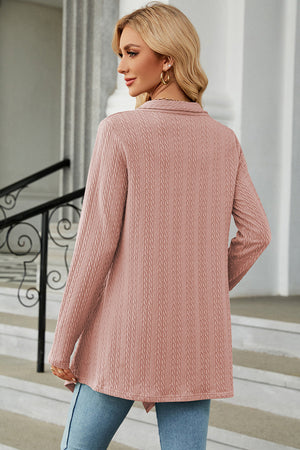 Dusty Pink textured knit cardigan with asymmetrical hem and long sleeves.