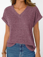 Burgundy ribbed V-neck t-shirt with cuffed short sleeves and relaxed fit.