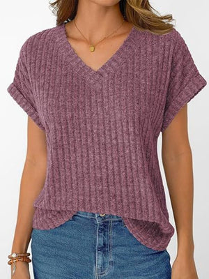 Burgundy ribbed V-neck t-shirt with cuffed short sleeves and relaxed fit.