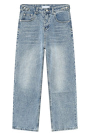 Vintage wash relaxed fit denim jeans in medium blue with button fly.