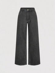 Halter Neck Denim Vest And Wide-leg Jeans Set, front view