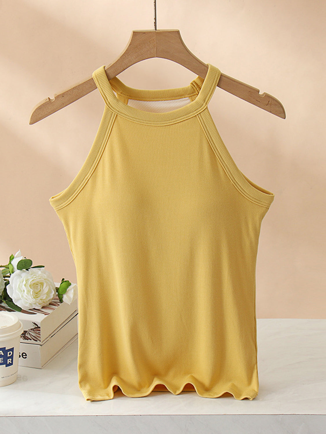 Ribbed halter tank top in mustard yellow with built-in bra and scalloped hem