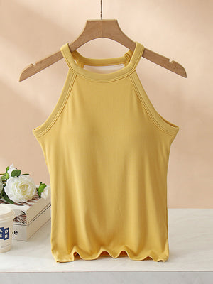 Ribbed halter tank top in mustard yellow with built-in bra and scalloped hem