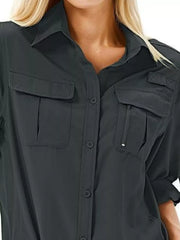 Roll-up sleeve button up shirt in black with chest pockets and a zippered pocket detail.