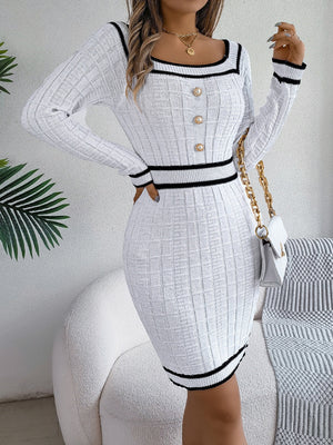 White ribbed knit bodycon dress with button front and black trim.