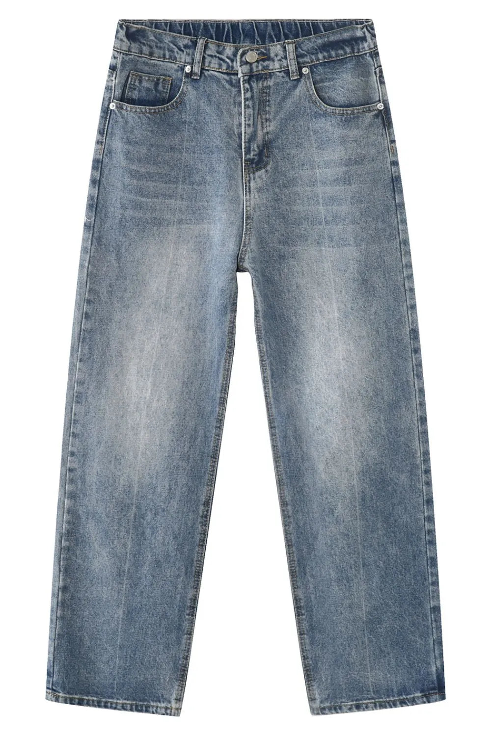 Medium wash denim jeans with pockets and a relaxed fit.
