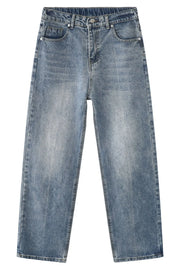 Medium wash denim jeans with pockets and a relaxed fit.