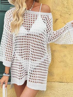 White openwork crochet knit swim cover-up with crew neck and bell sleeves.