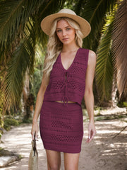 Deep Purple crochet tie-front tank and mini skirt set with pockets.