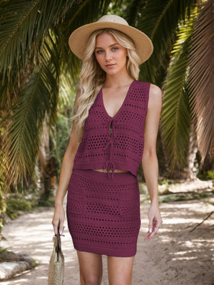 Deep Purple crochet tie-front tank and mini skirt set with pockets.