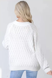 Textured V-neck Long Sleeve Sweater in White, side view