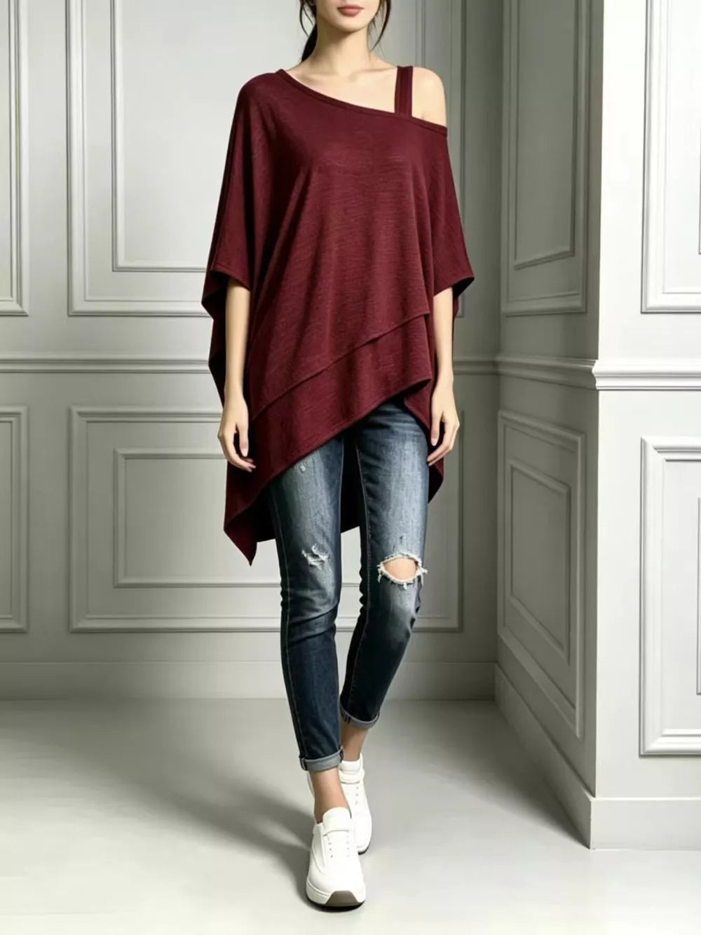 Full Size Asymmetrical Neck Short Sleeve T-shirt Plus Size in Navy, model styling view