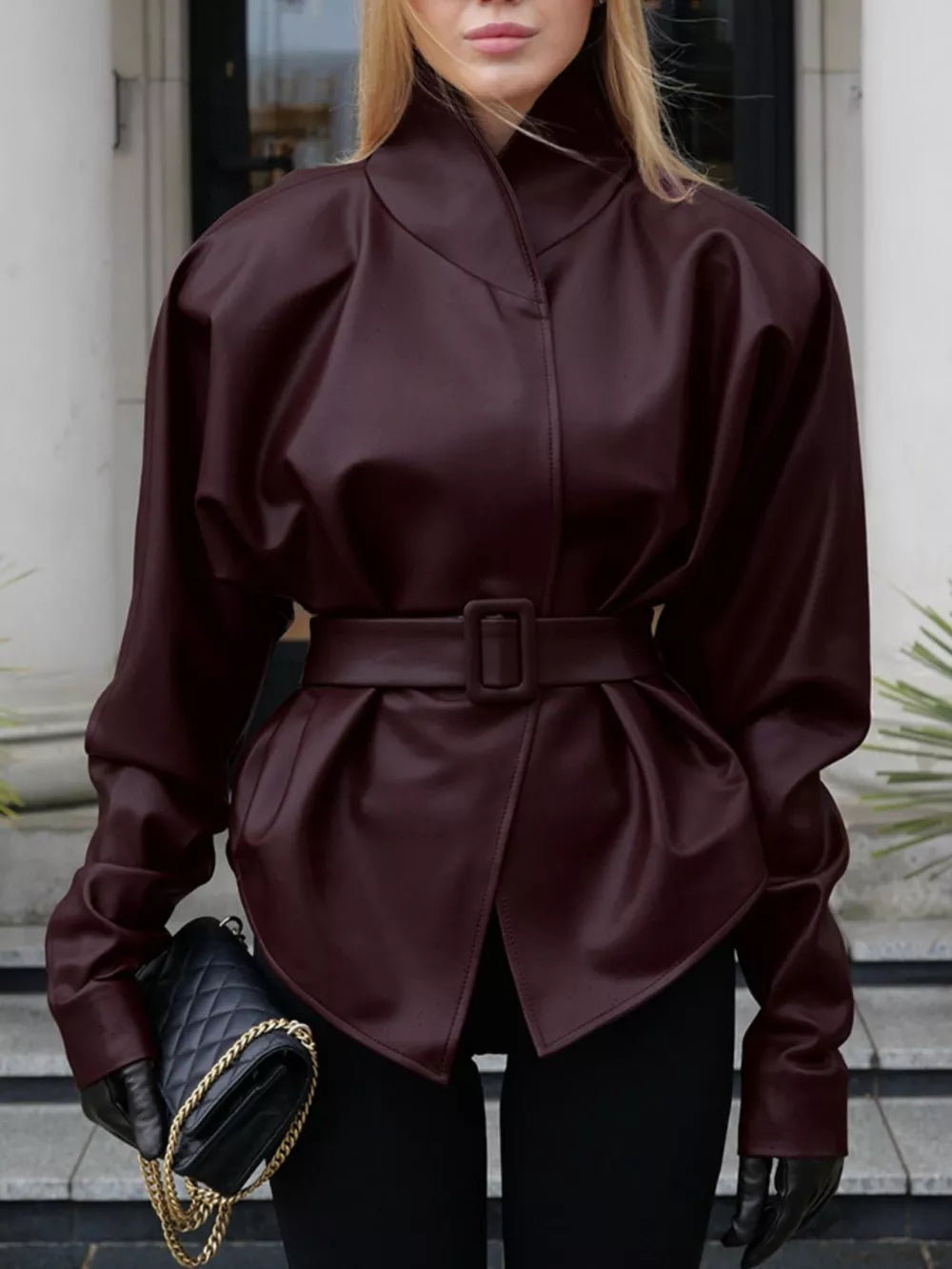Stand Collar Belted Faux Leather Jacket in Wine Red, close-up detail