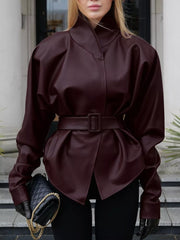 Stand Collar Belted Faux Leather Jacket in Wine Red, close-up detail