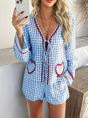 Blue gingham lounge set with heart pockets and tie-front top