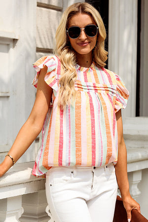 Rainbow stripe blouse with flutter sleeves and mock neck, 100% polyester