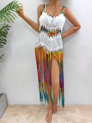 White crochet cover-up dress with rainbow fringe and straps, V-neck, sleeveless.