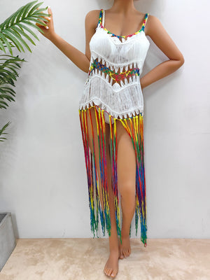 White crochet cover-up dress with rainbow fringe and straps, V-neck, sleeveless.