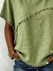 Green frayed hem relaxed-fit short sleeve shirt with asymmetrical neckline detail.