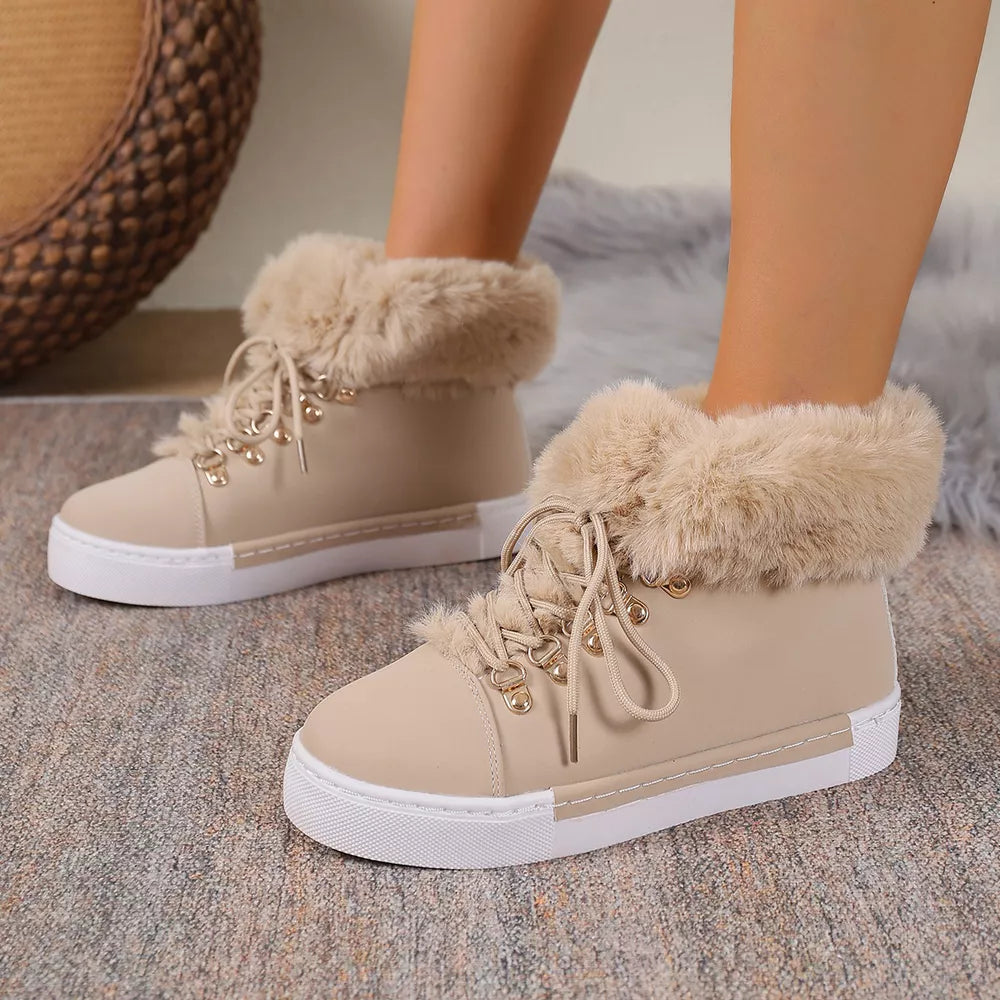 Apricot fluffy cuff round-toe platform boots with white soles and laces.