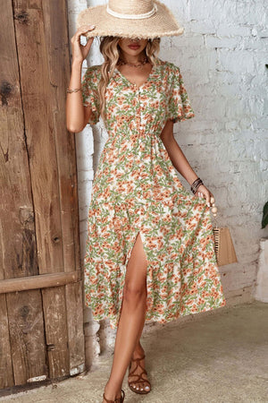 Floral midi dress with flutter sleeves, V-neck, and front slit