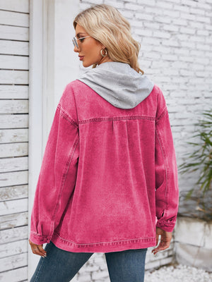 Oversized hot pink denim jacket with grey hood detail, buttoned cuffs