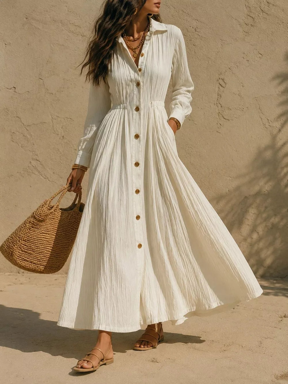 Textured Button Front Long Sleeve Maxi Dress Plus Size in Black, editorial view