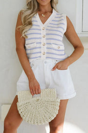 Light blue striped knit vest with gold button details and pocket accents