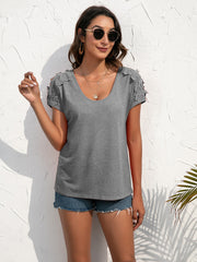 Gray Dawn lace shoulder detail tee with scoop neck and short sleeves.