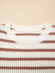 Caramel striped knit sweater with scalloped trim and crew neck