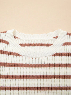 Caramel striped knit sweater with scalloped trim and crew neck