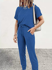 Blue cotton round neck top and jogger pants set with drawstring waist and pockets.