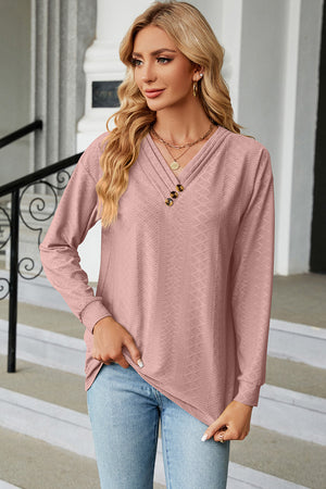 Textured Henley V-Neck Top in Blush Pink with subtle diamond pattern and button detail.