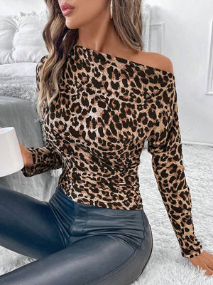 One-shoulder leopard print long sleeve top with draped detail
