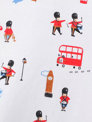 Toddler underwear with London guards, Big Ben, and red bus print on white cotton blend.