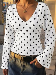 Polka Dot V-neck Long Sleeve T-shirt in Black, side view