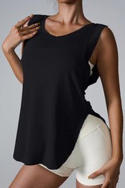 Black performance tank top with asymmetric hemline and scoop neck
