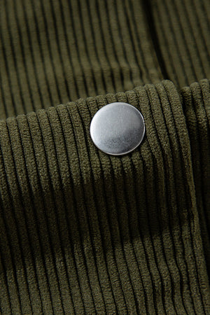 Moss corduroy bomber jacket detail with silver snap button.